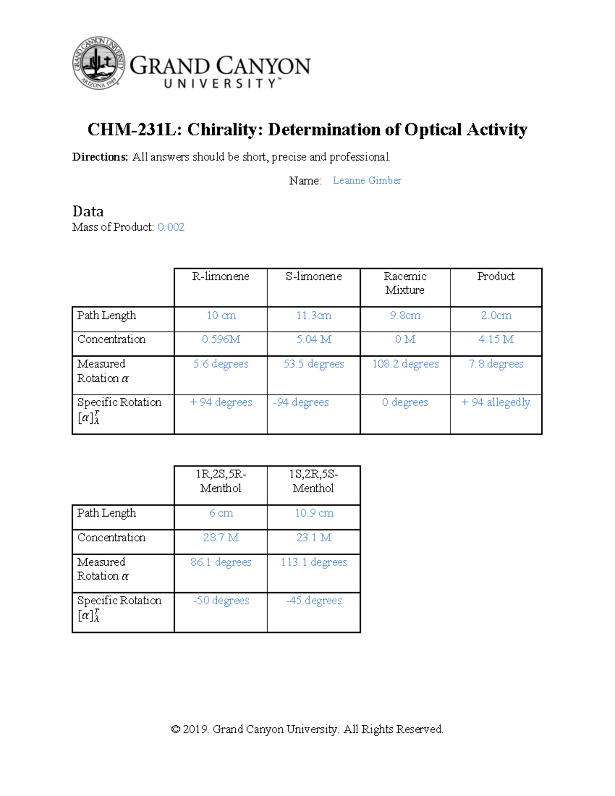 CHM-231 Chirality - Lab Worksheet - CHM-231L: Chirality