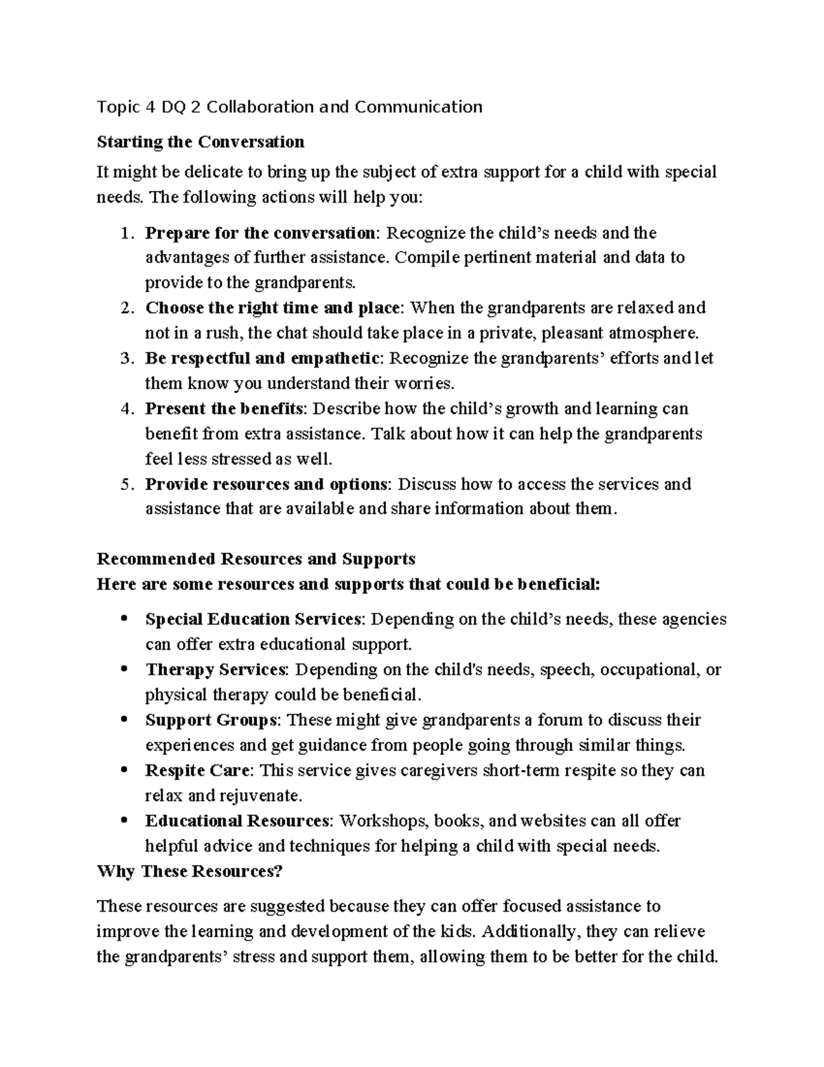 Topic 4 DQ 2: Strategies for Discussing Support for Special Needs - Studocu