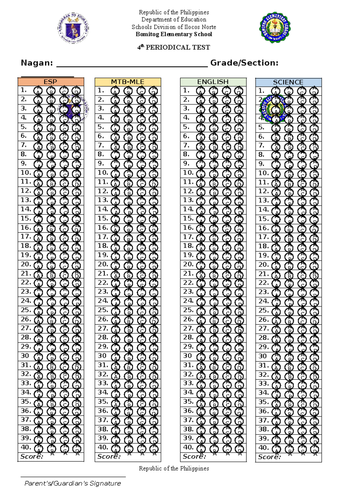 Answer Sheet - N/A - Republic of the Philippines Department of ...