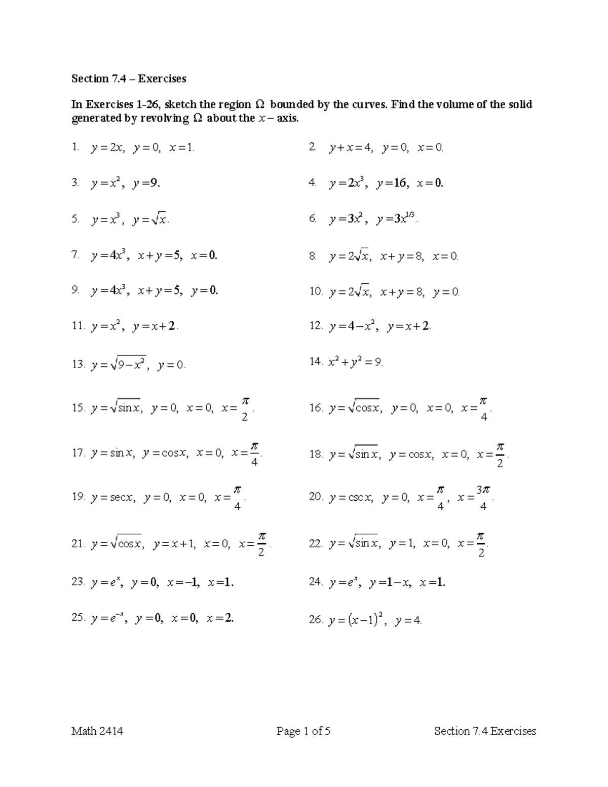 Math 2414 Section 7.4 Exercises: Volume of Solids of Revolution - Studocu