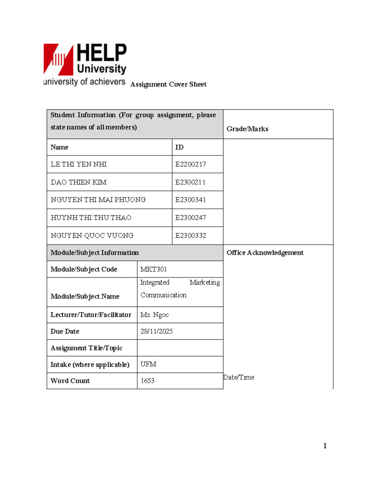 MKT301 Integrated Marketing Group Assignment Cover Sheet - Studocu
