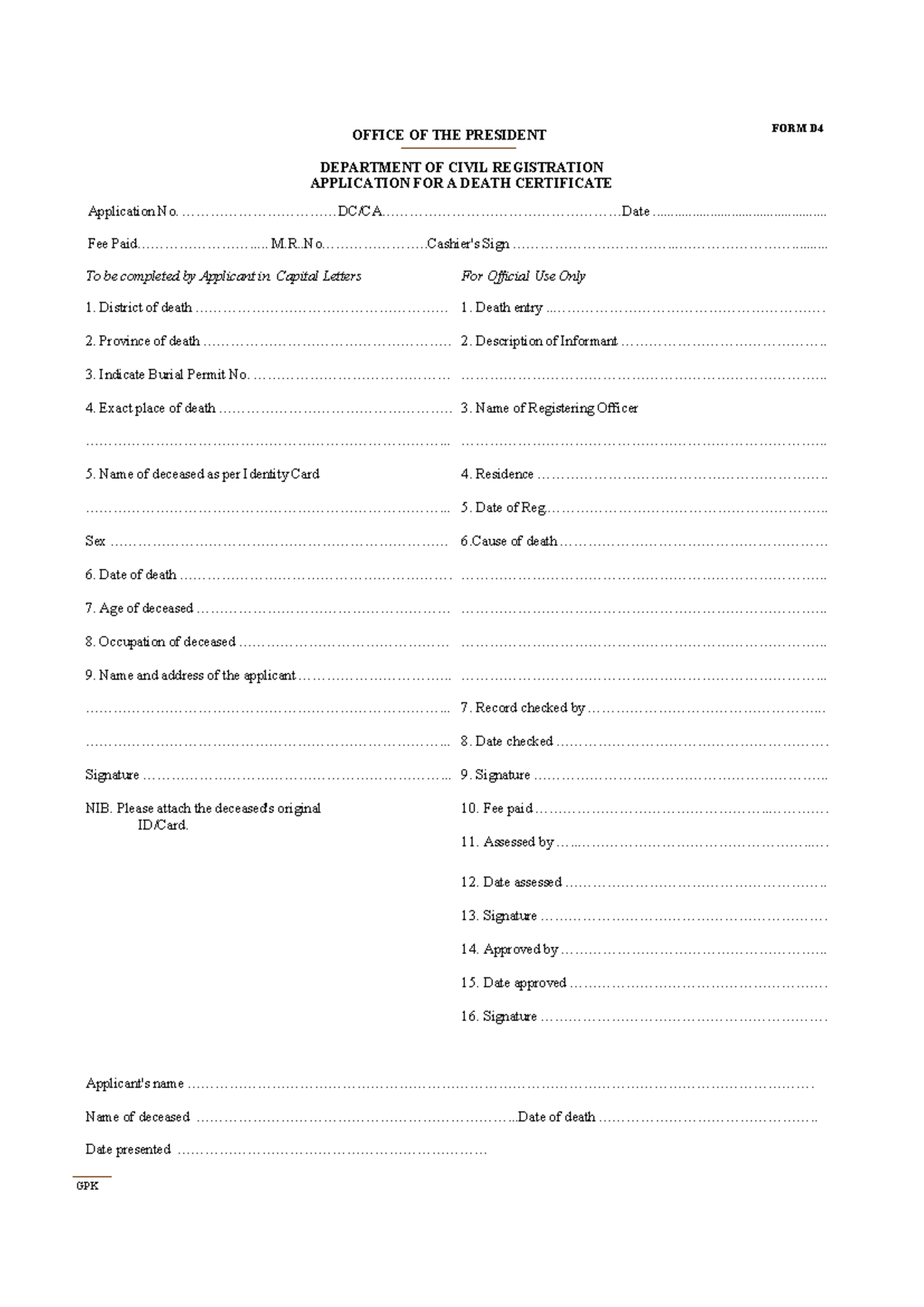 D4 Application for Death Certificate - Essential Information Form - Studocu