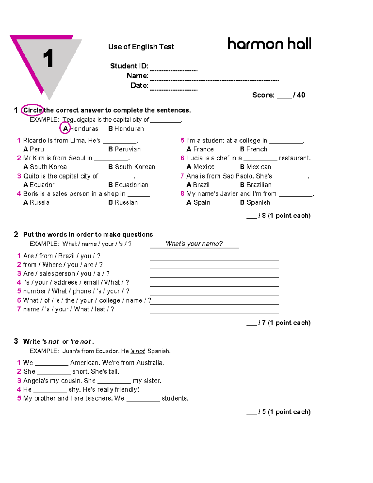 Course 1 Use of English Test: Sentence Completion & Questions - Studocu