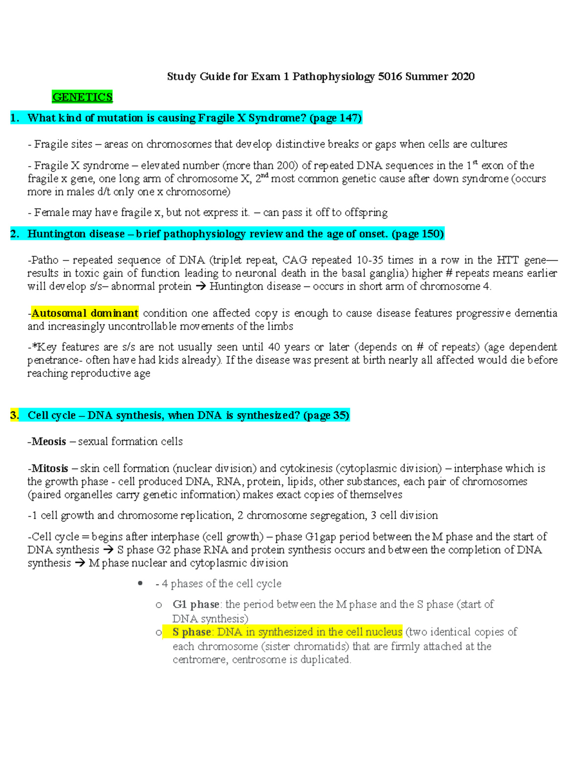 Patho Study Guide for Exam 1 - Study Guide for Exam 1 Pathophysiology ...