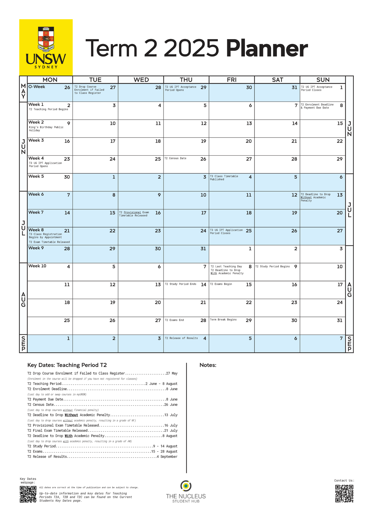 T2 2025 Academic Planner: Key Dates & Important Events - Studocu