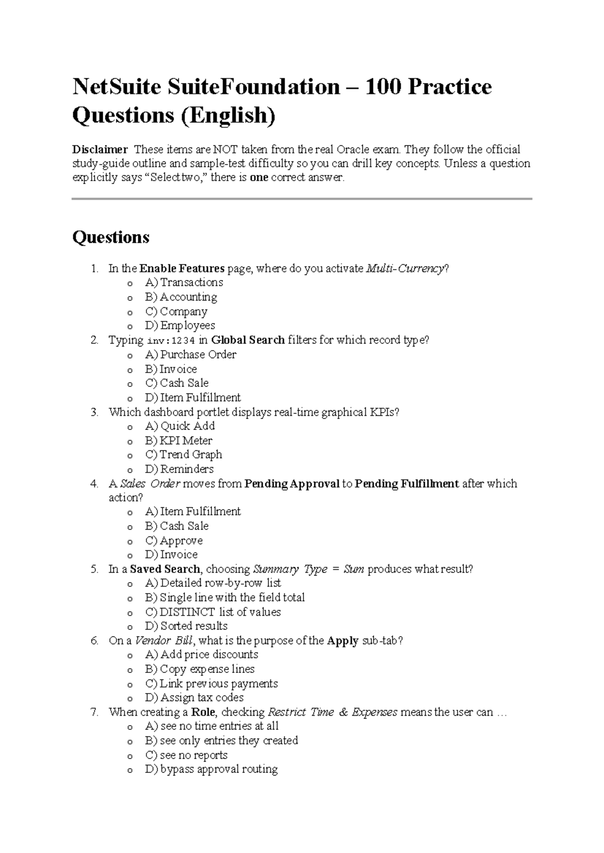 NetSuite SuiteFoundation 100 practice questions and answers (English ...