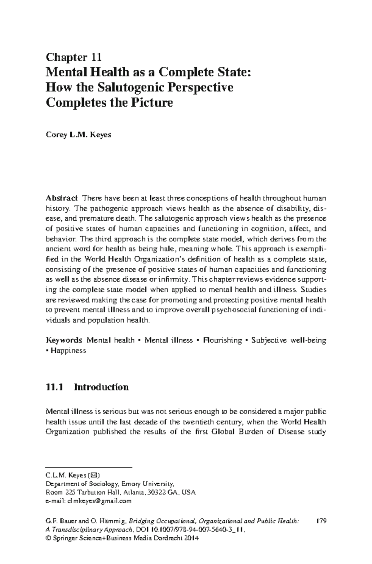 Keyes 2013 - Chapter 11: Examining Mental Health as a Complete State ...