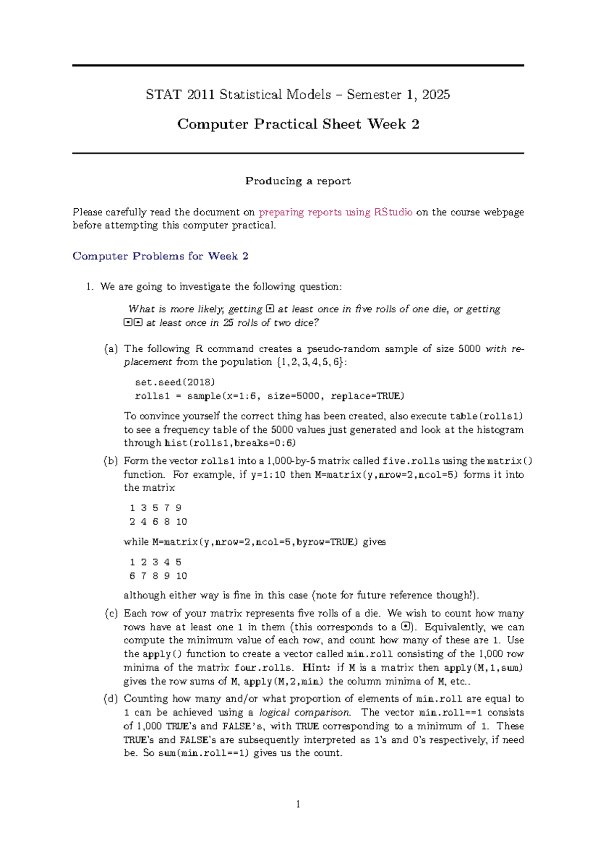 Stat 2011 statistical models semester 1, 2025 computer practical week 2 ...