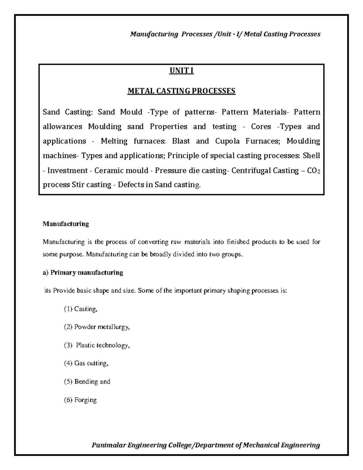 MP Notes - Unit I: Metal Casting Processes and Manufacturing Techniques ...