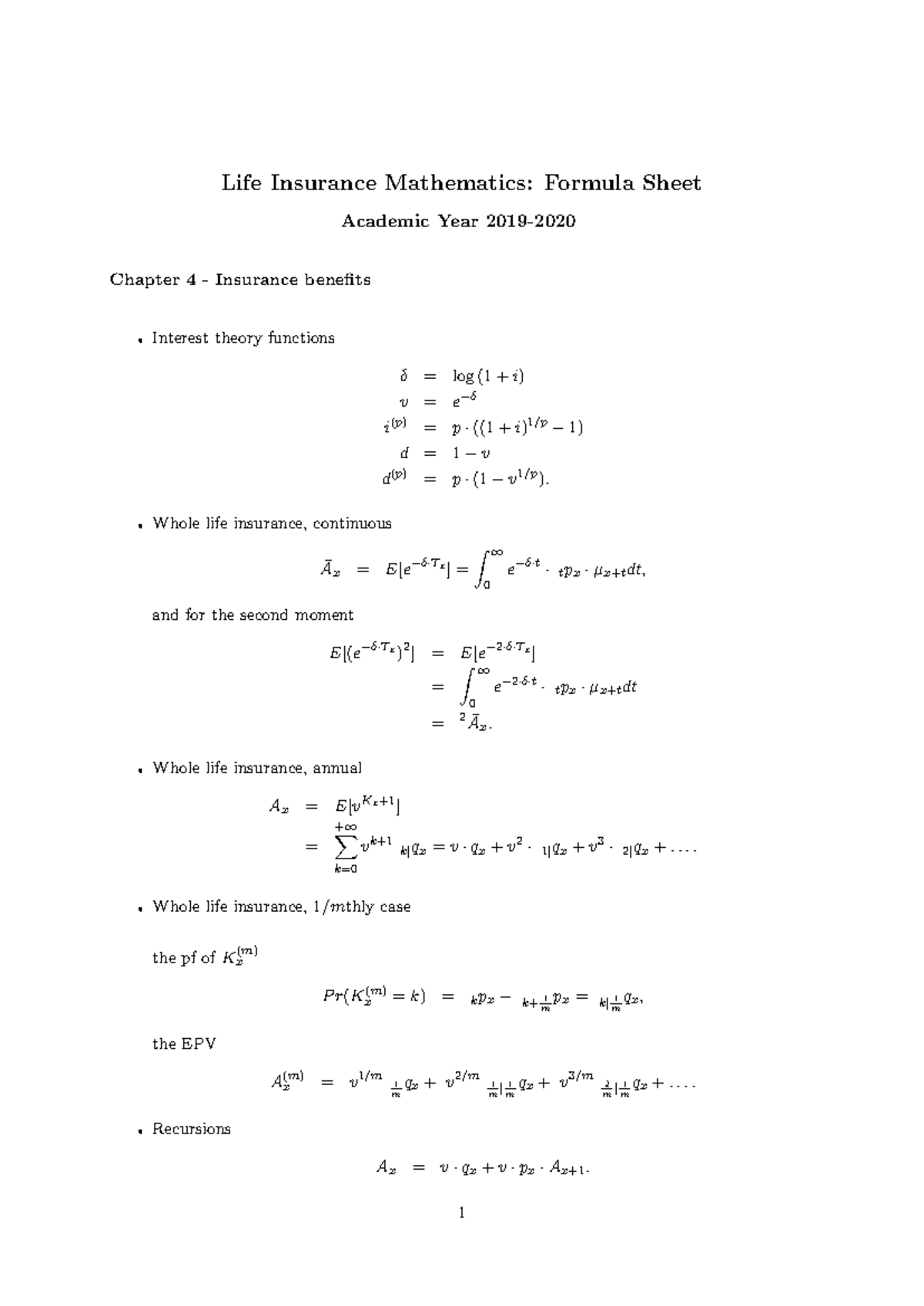Life Insurance Math Formula Sheet - Chapter 4 Overview - Studeersnel