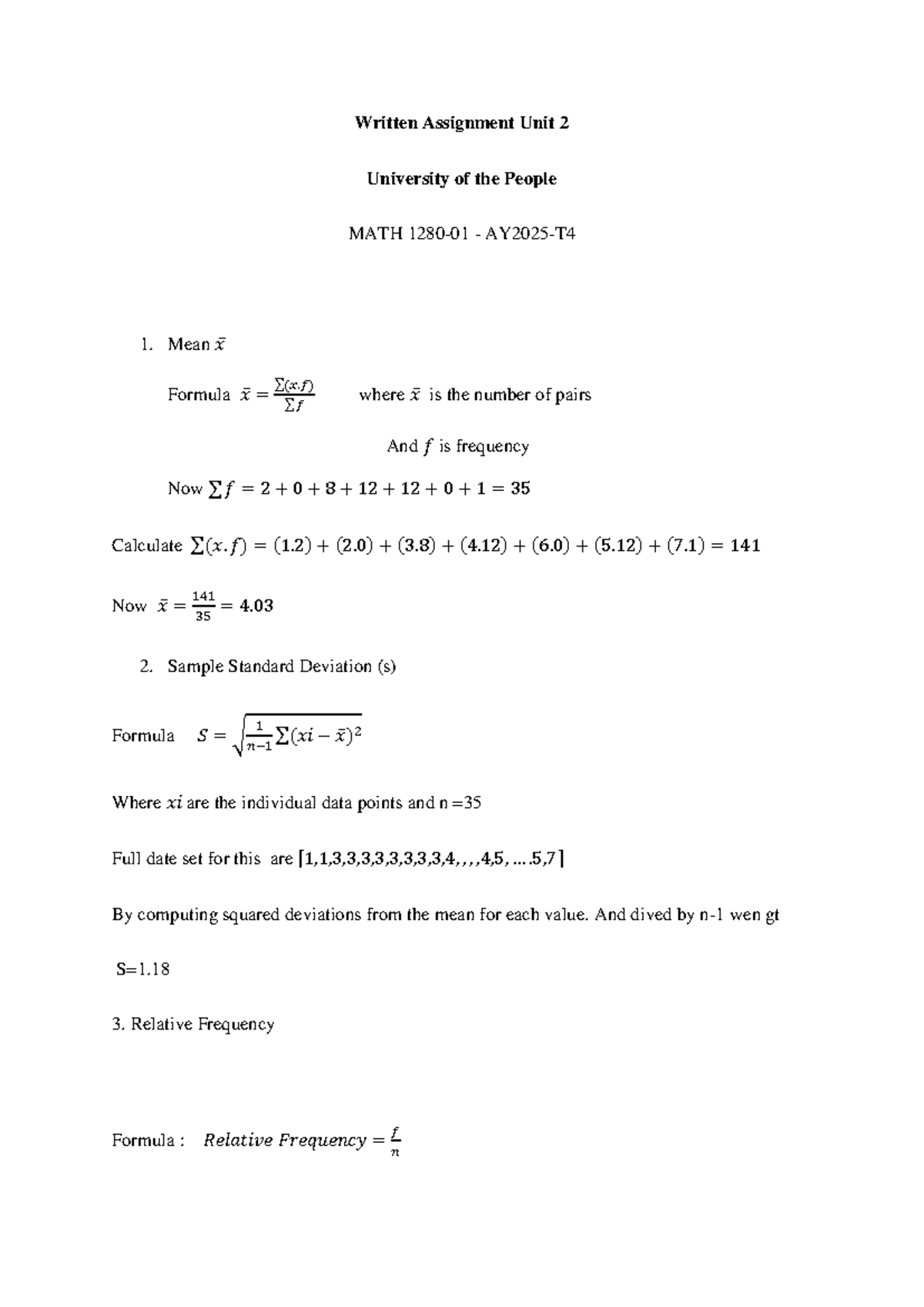 Unit 2 Written Assignment: Mean & Standard Deviation in MATH 1 - Studocu