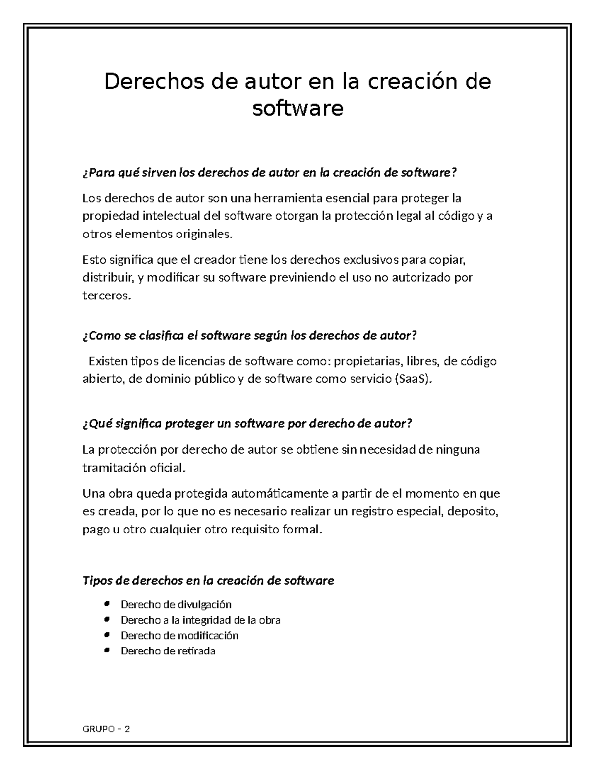 Derechos de Autor en la Creación de Software - GRUPO 2 - Studocu