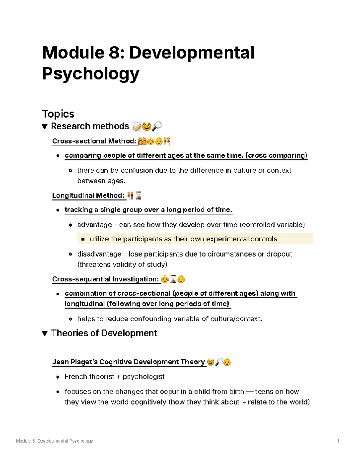 Module 8: Developmental Psychology - Research Methods & Theories - Studocu