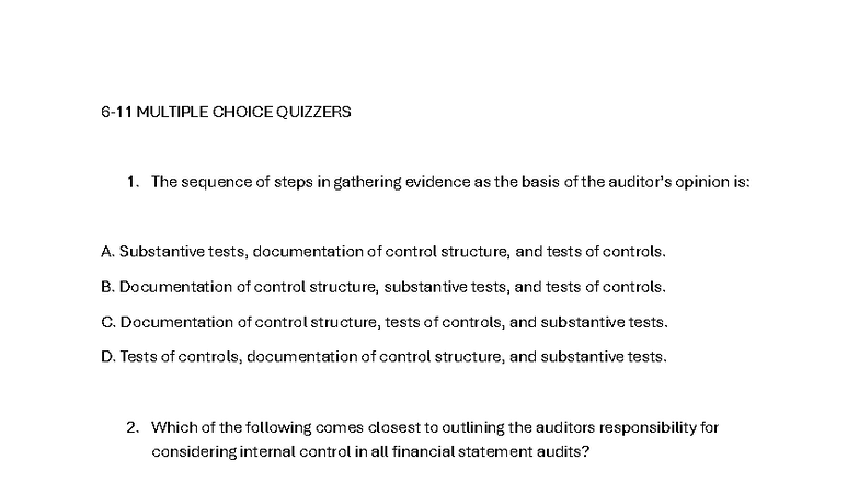 ACCT 301: Study and Evaluation of Internal Control Quiz - Studocu
