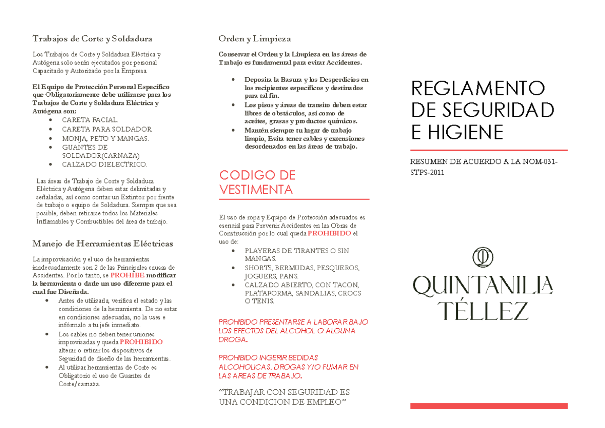Reglamento Basico EHS QT - Trabajos de Corte y Soldadura Los Trabajos