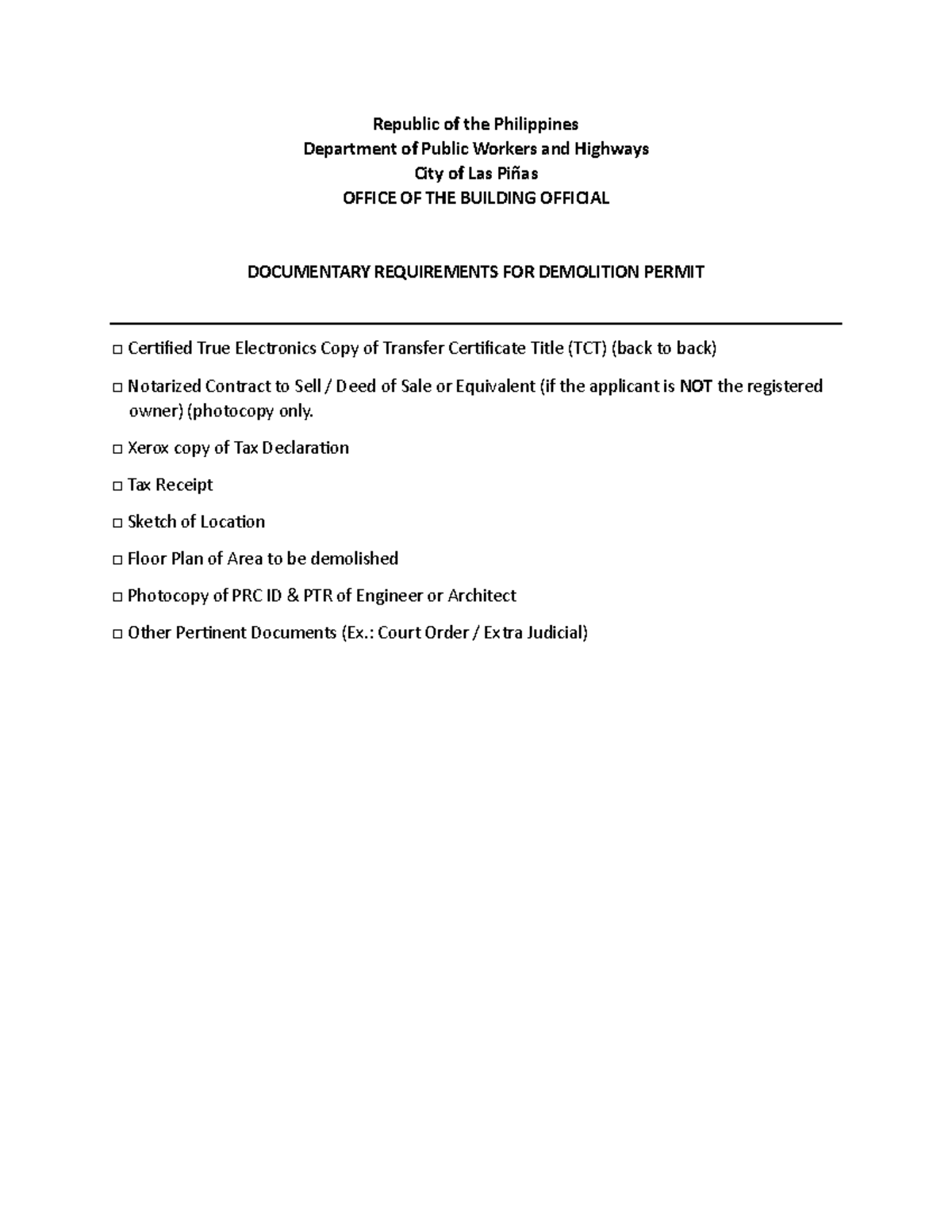 Checklist OF Requirements FOR Demolition Permit - Republic of the ...