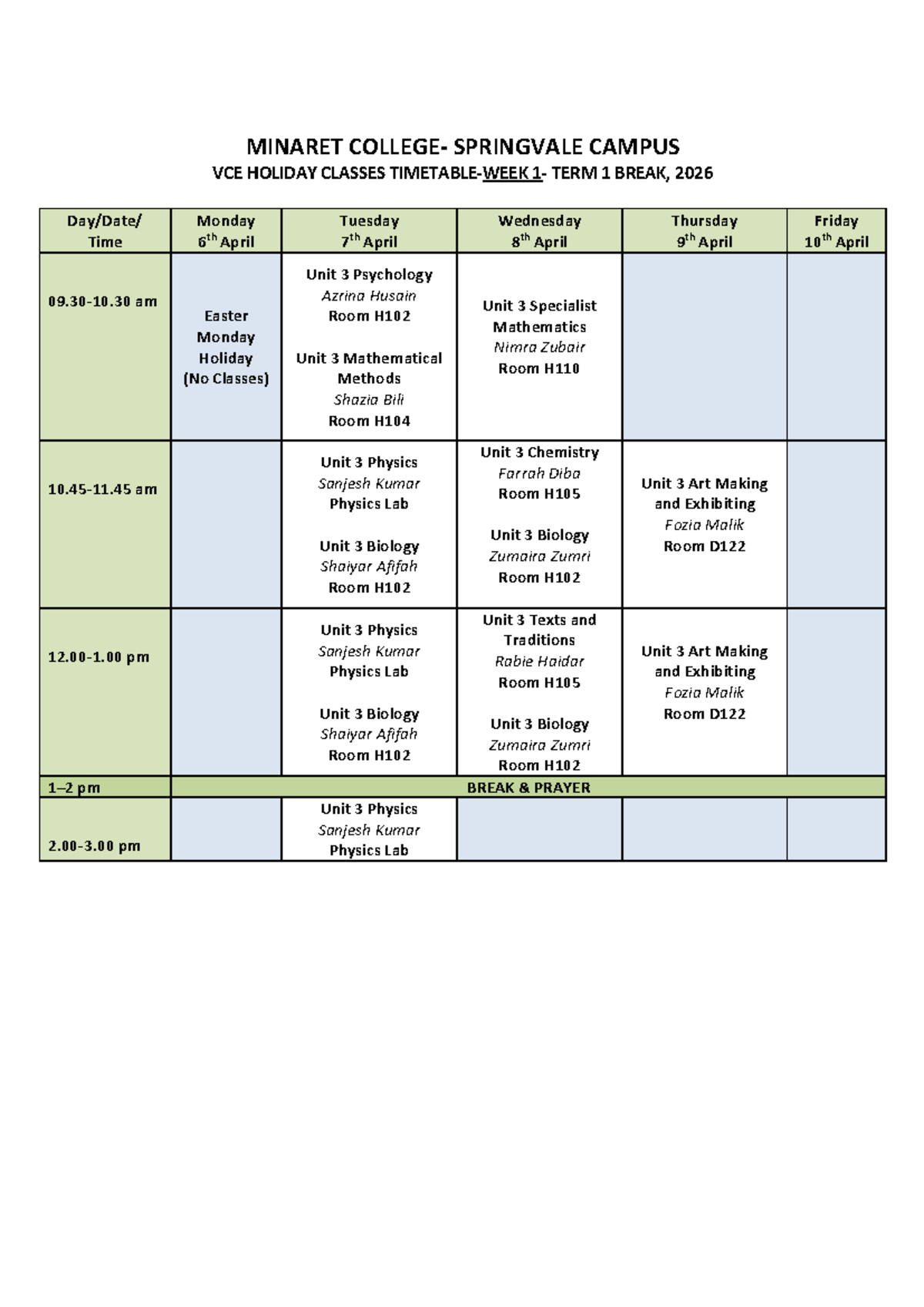 Final - SV VCE Holiday Classes Term 1 Break 2026 Schedule - Studocu