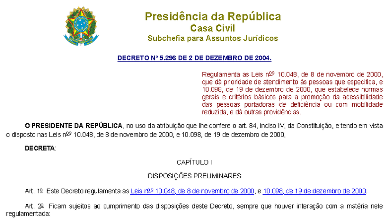 Decreto nº 5.296/2004: Regulamentação das Leis de Acessibilidade - Studocu
