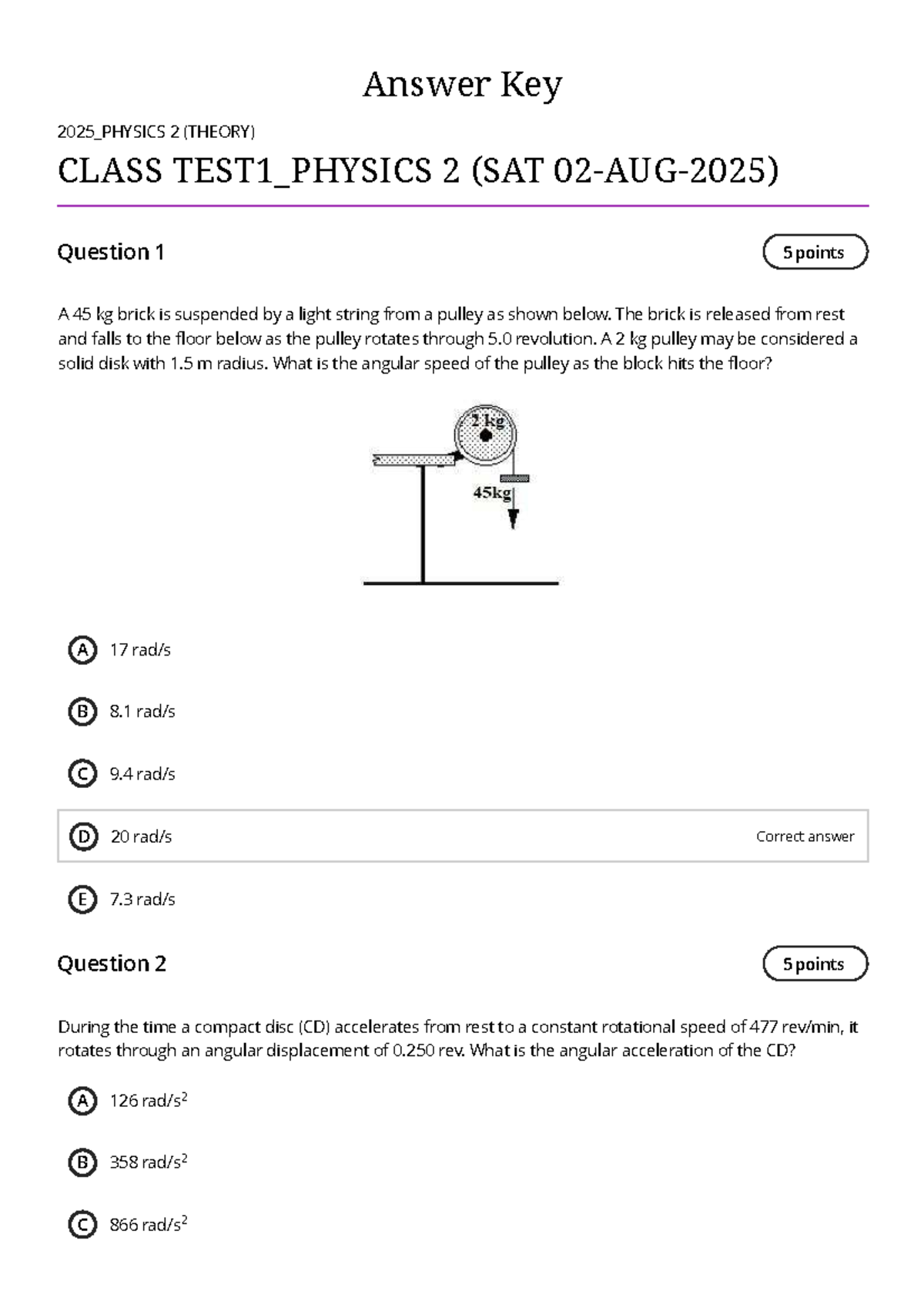 2025_PHYSICS 2 (THEORY) CLASS TEST 1 - Practice Test Answers - Studocu