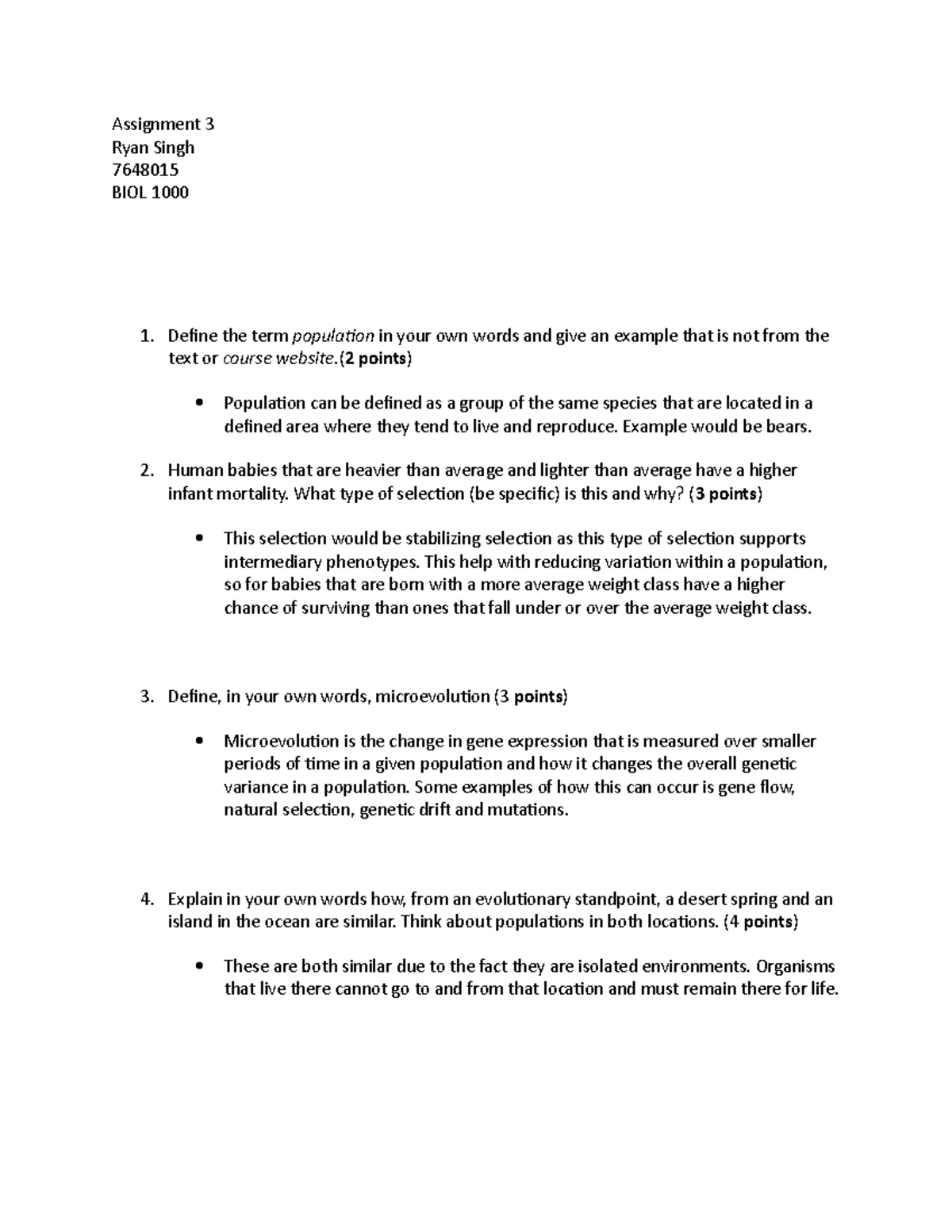 BIOL 1000 Assignment 3 - Assignment 3 Ryan Singh 7648015 BIOL 1000 ...