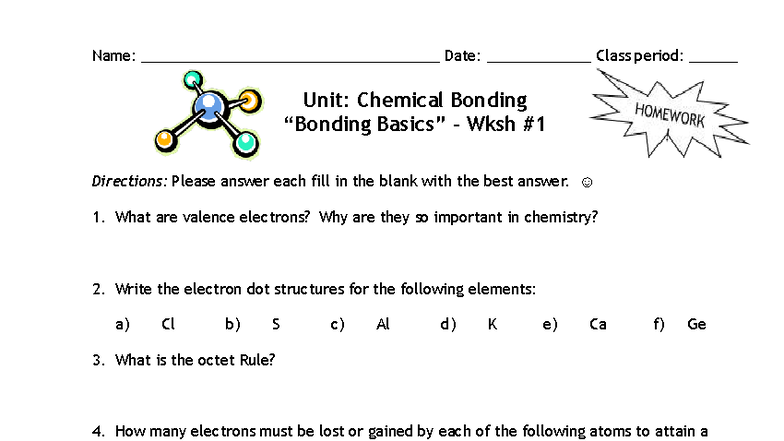Chemical Bonding Wksh: Valence Electrons & Octet Rule - Studocu