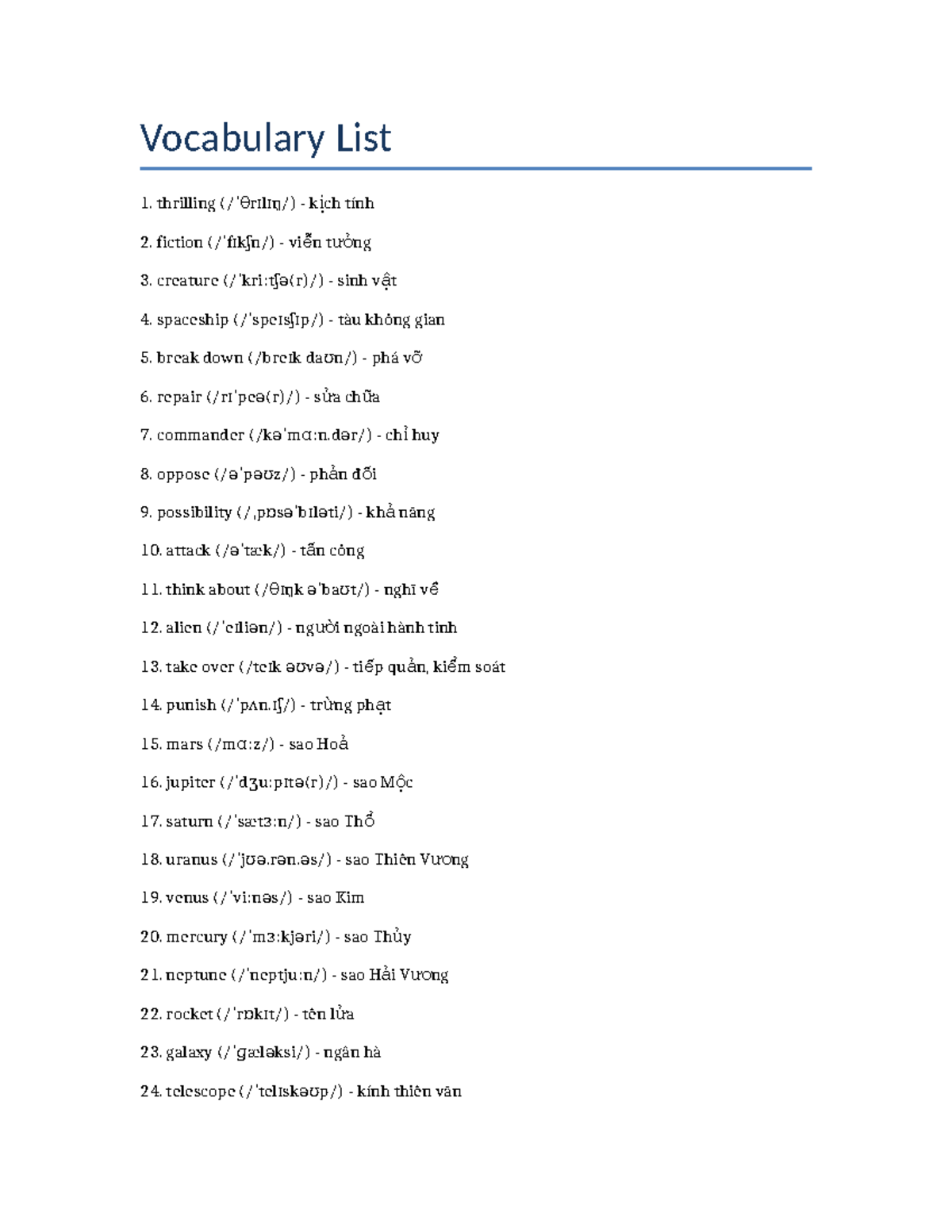 Vocabulary List 1: Key Terms and Definitions for Study - Studocu