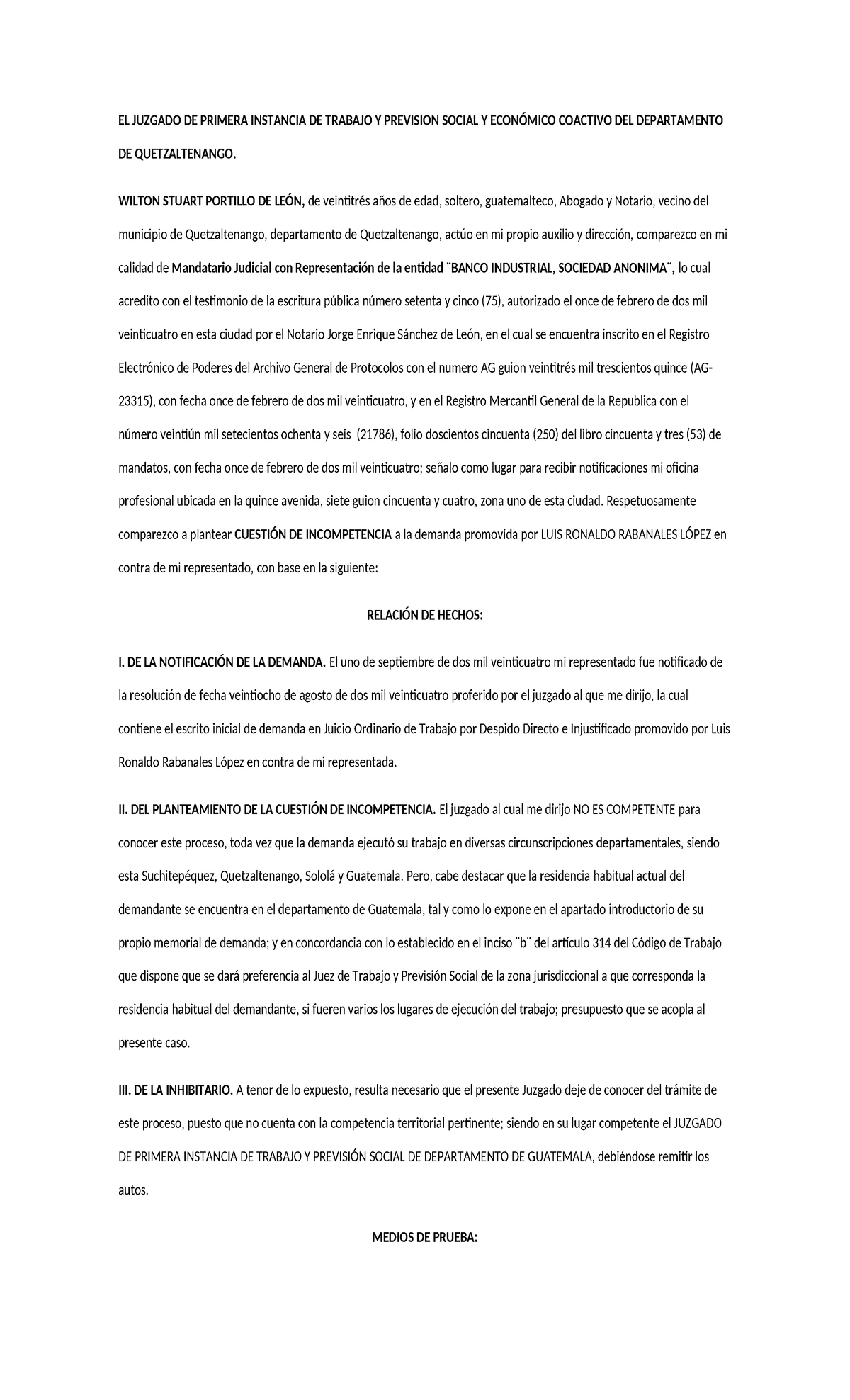 Memorial de Incompetencia en Juicio Ordinario de Trabajo - DE 2024 ...