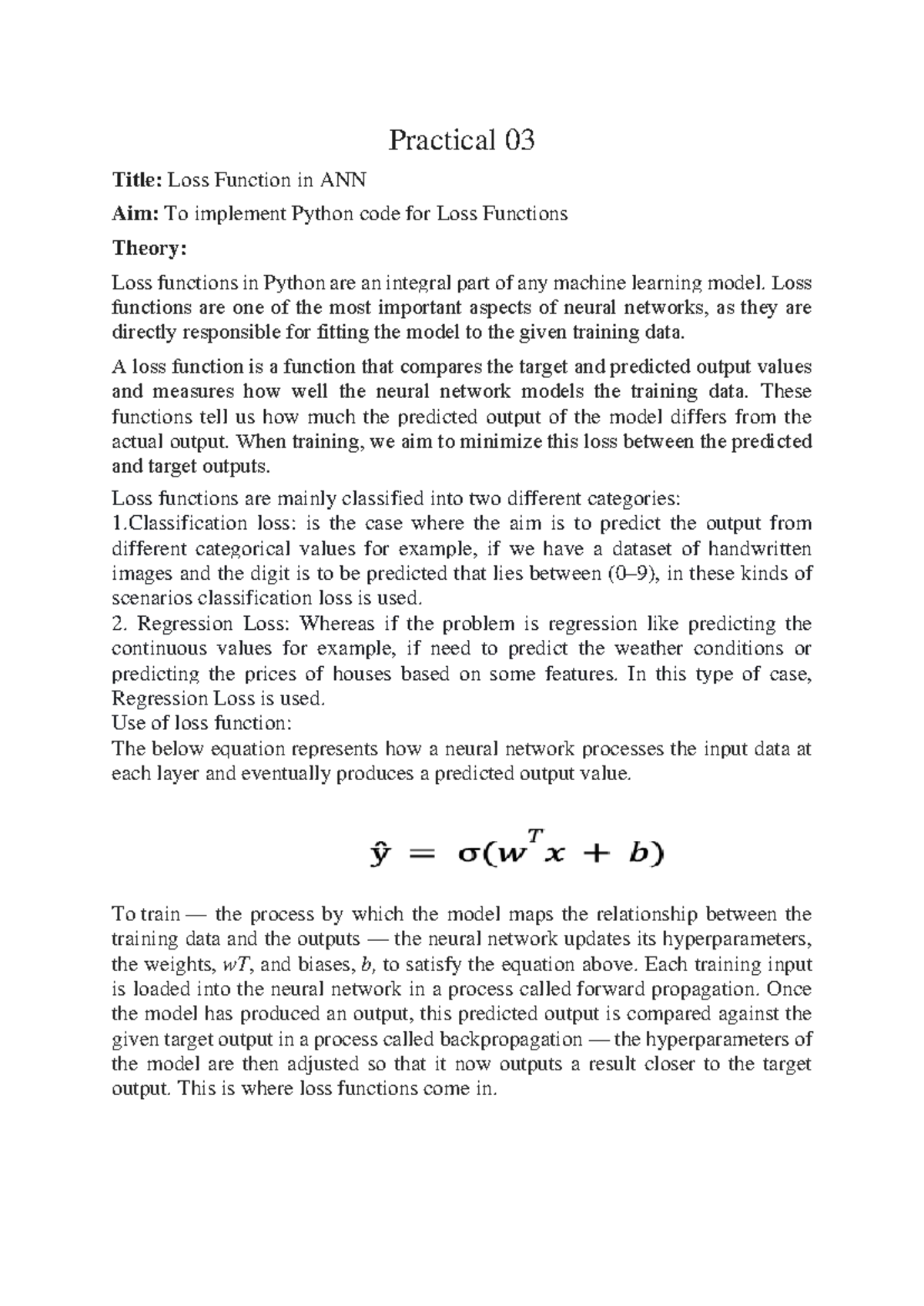 DL Practical 03: Implementing Loss Functions in ANN - Studocu