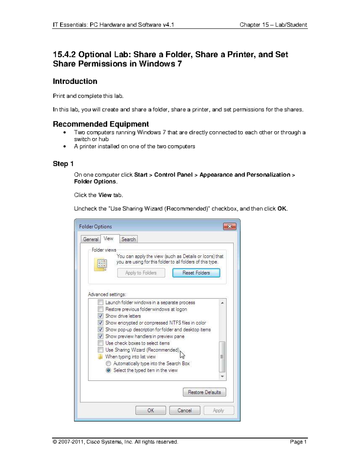 IT Essentials: PC Hardware & Software v4.1 Lab 15 - Data Sharing in Win ...