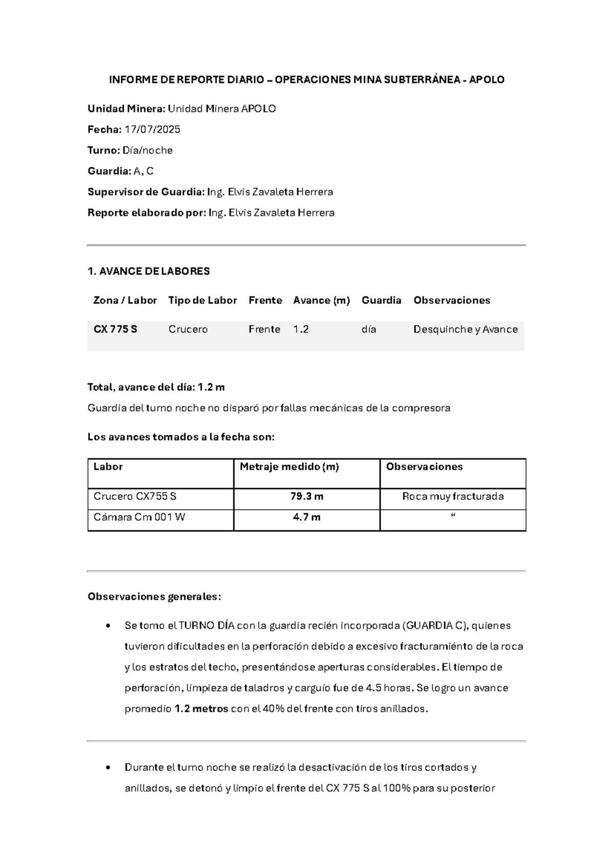 Reporte Diario de Operaciones Mina Subterránea APOLO - 17/07/25 - Document Preview