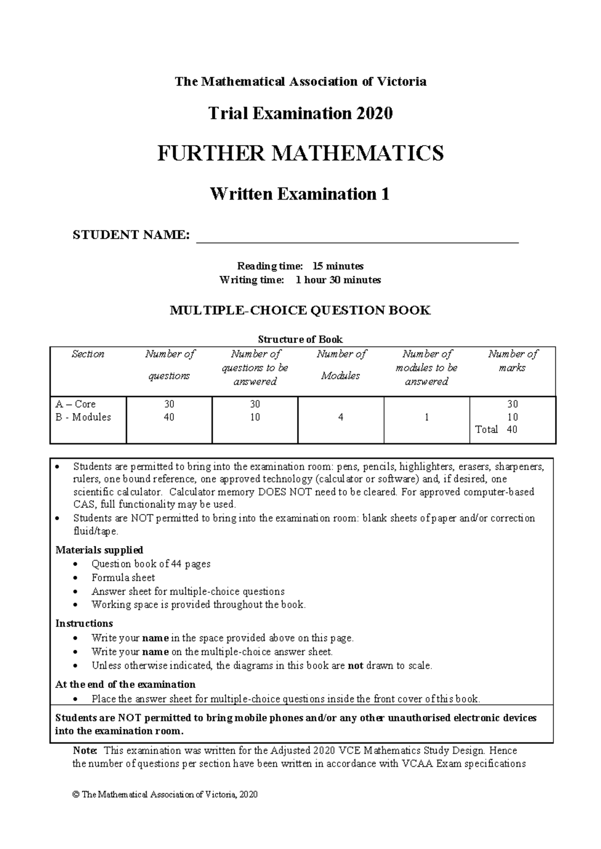 2020 MAV Further Maths Trial Exam 1 Questions & Solutions - Studocu