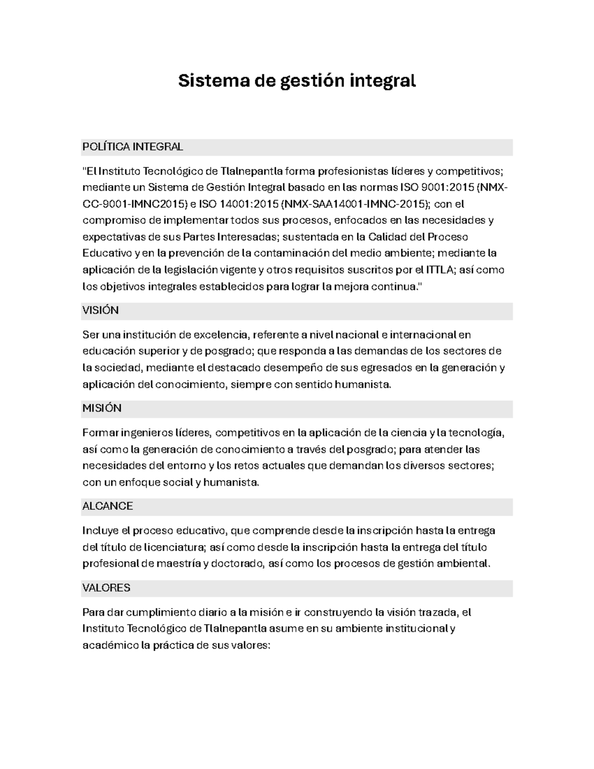 Sistema de Gestión Integral (SGI) y Política Educativa del ITT - Studocu