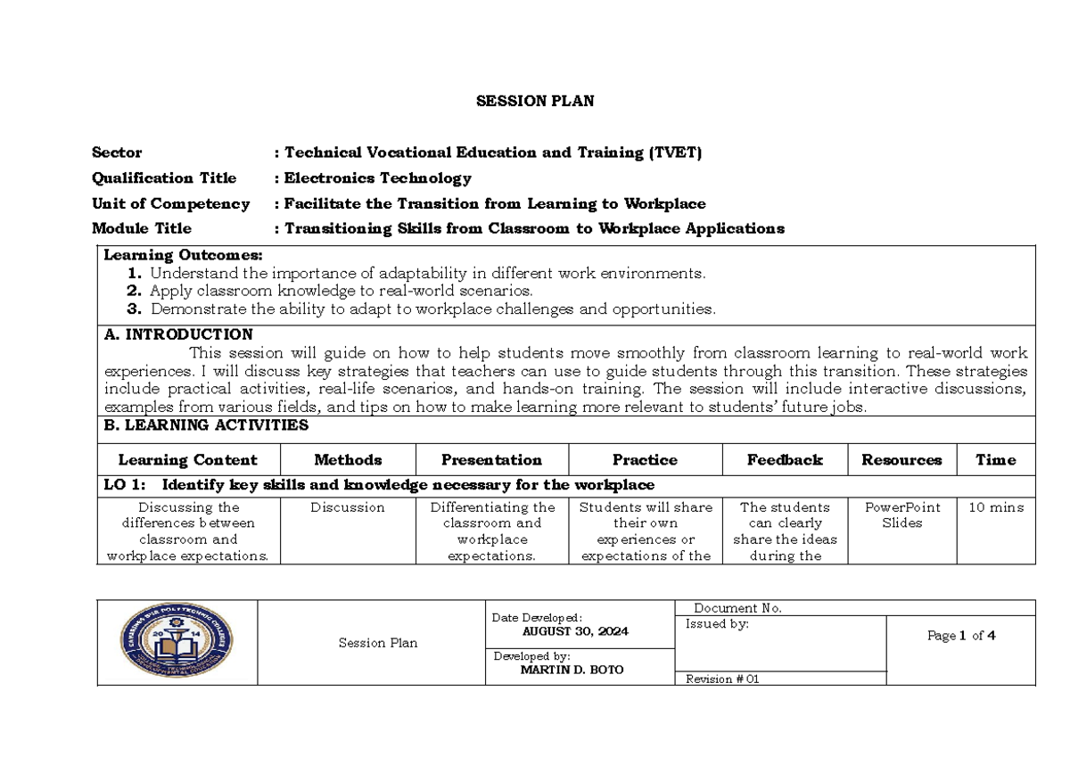TVET 101: Session Plan for Transitioning Skills to Workplace - Studocu
