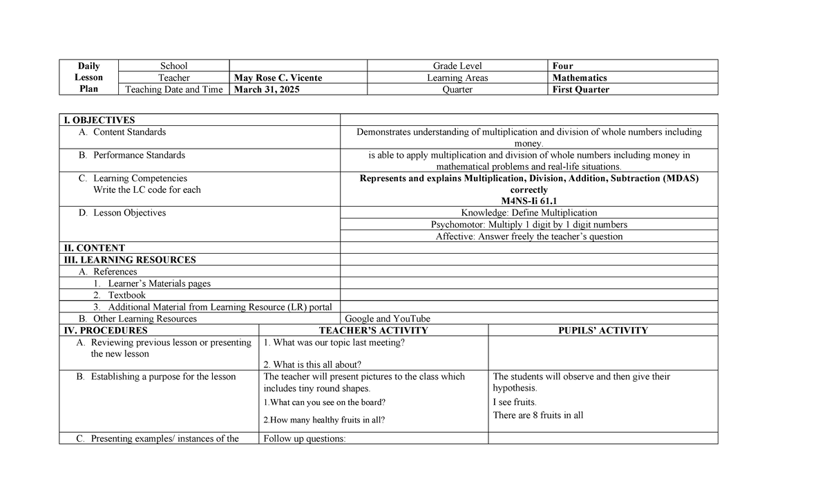 Daily Lesson Plan: Math Concepts on Multiplication & Division (Grade 1 ...