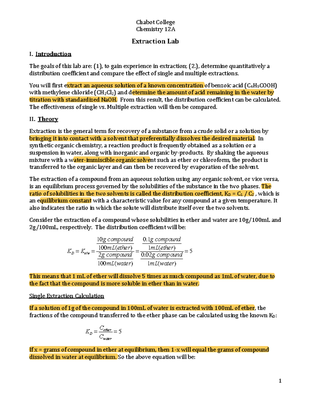 Extraction Lab I: Chemistry 12A - Single vs. Multiple Extractions - Studocu