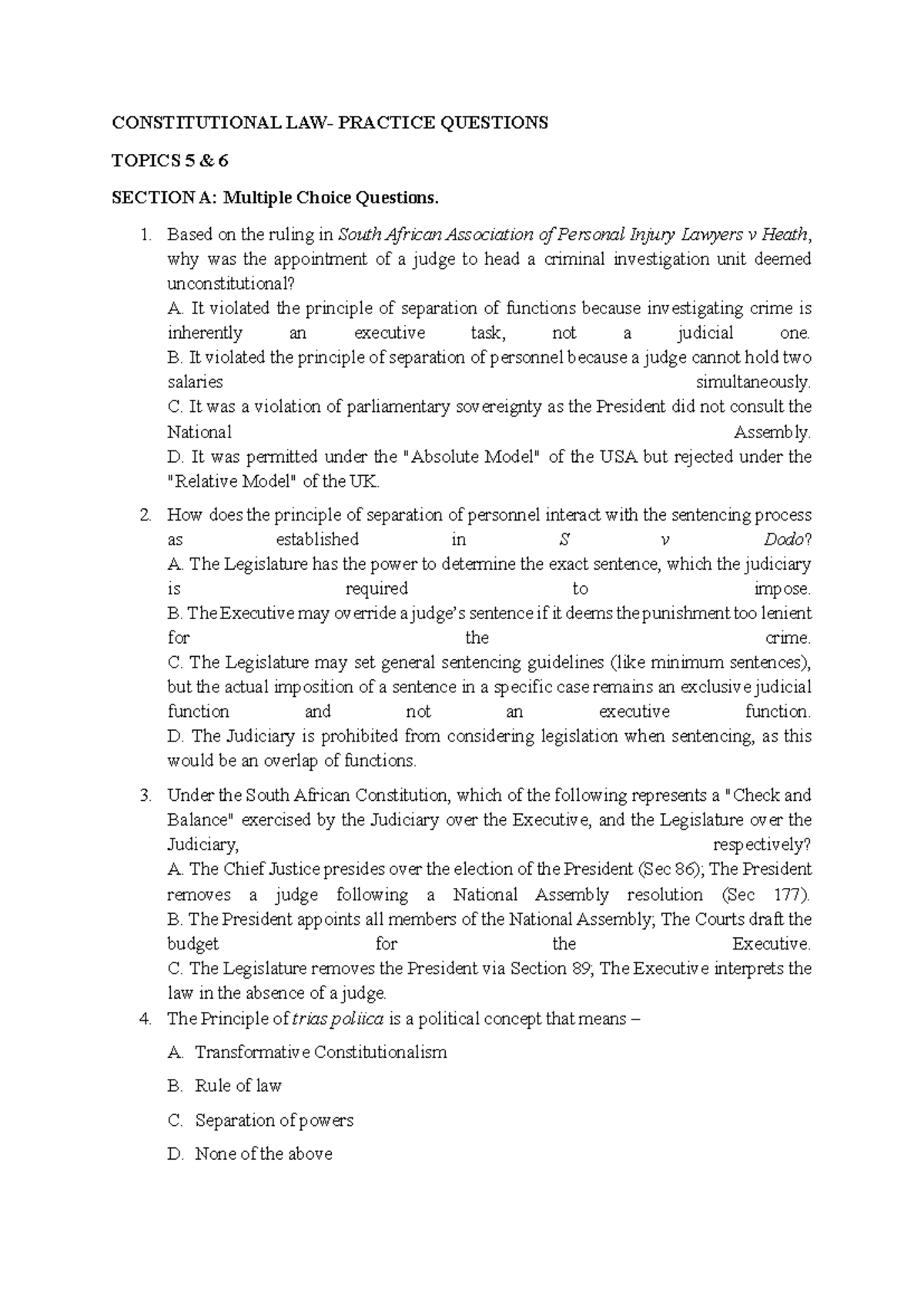 Constitutional Law - Practice Questions for Topics 5 & 6 - Studocu