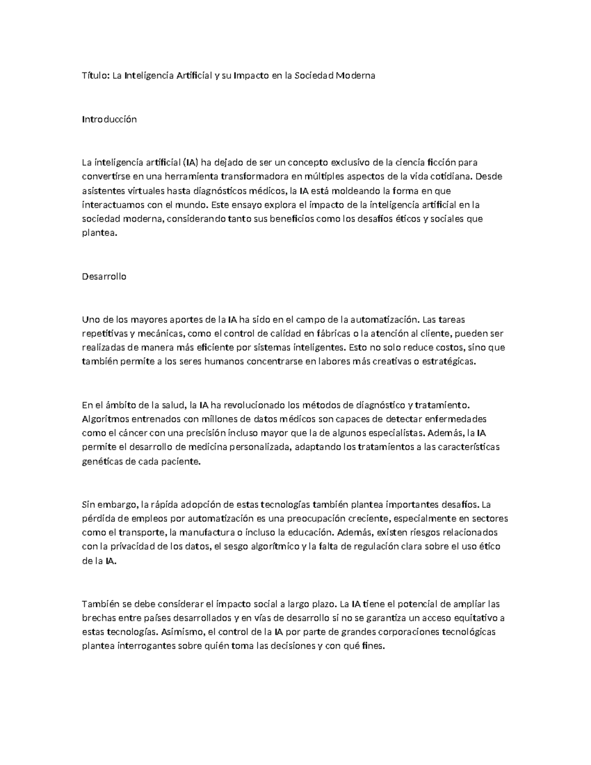 La inteligencia artificial y su impacto en la sociedad moderna - Título ...