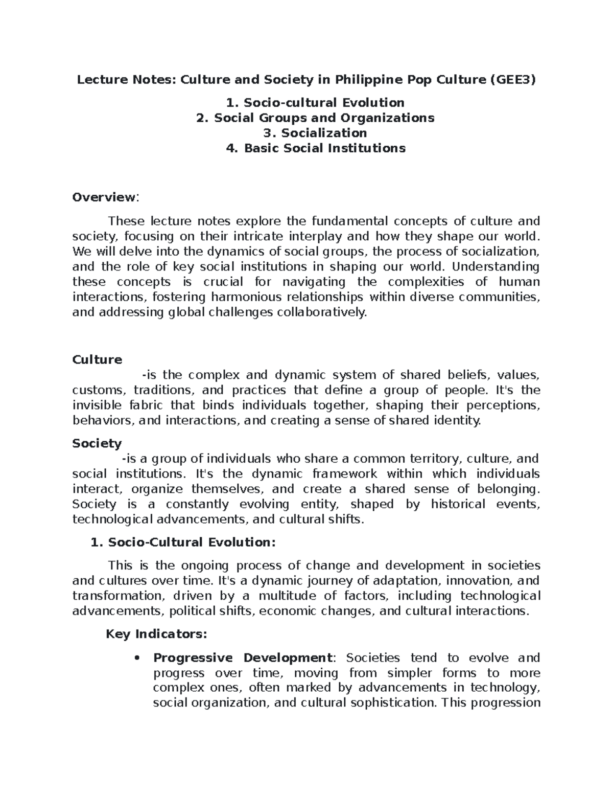 Lecture Notes GEE3: Philippine Pop Culture & Social Dynamics - Studocu