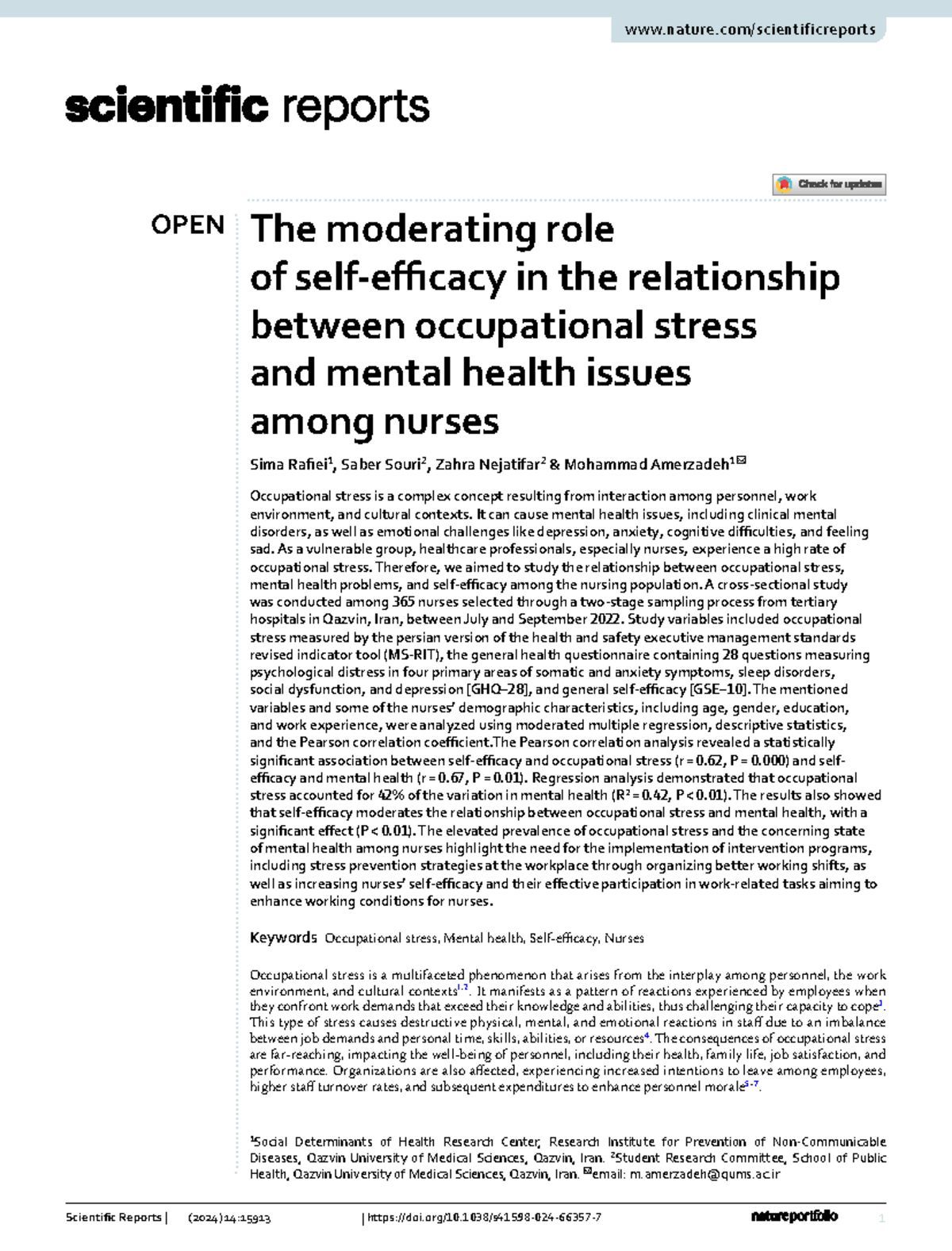 The Moderating Role of Self-Efficacy in Occupational Stress and Mental ...