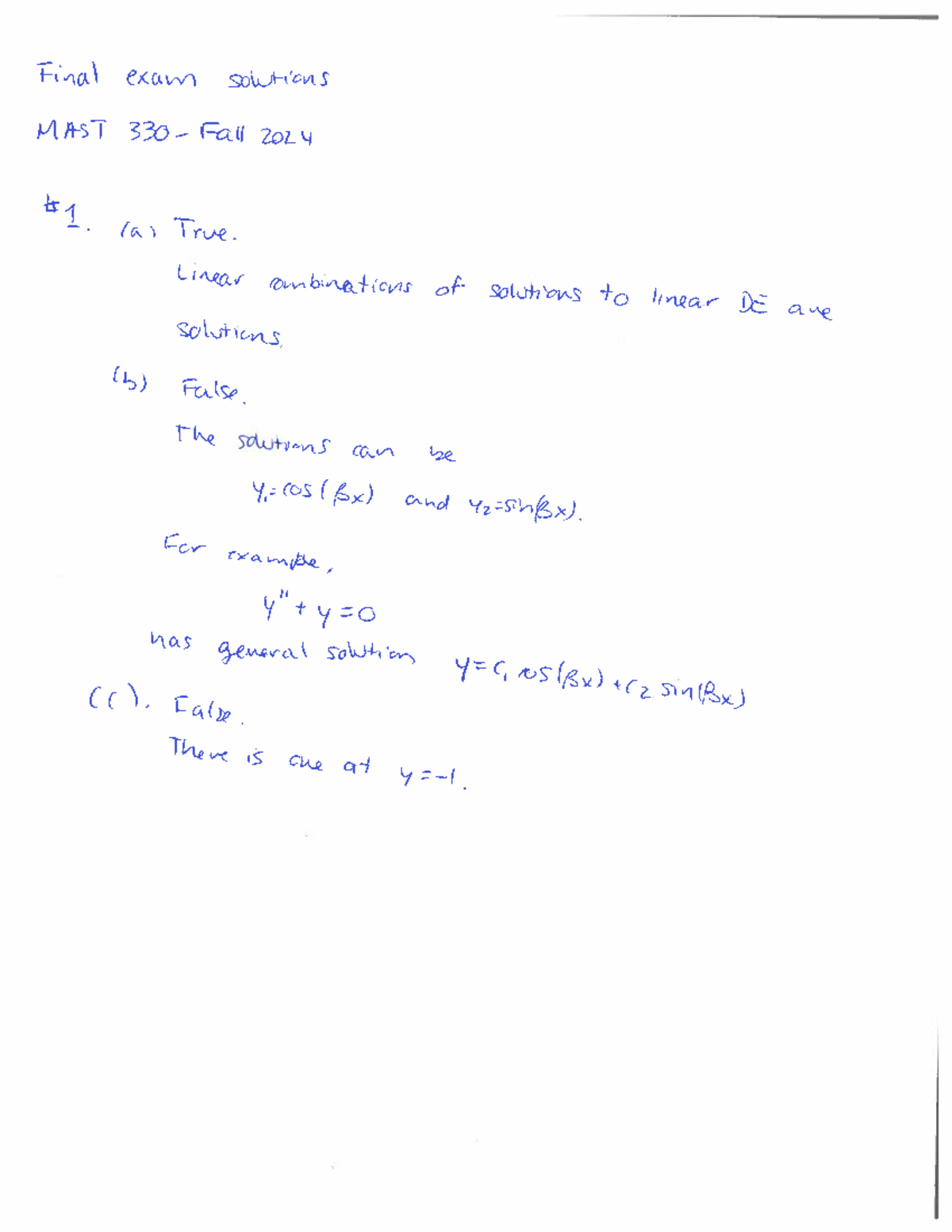 Final solutions - Final exam solutions MAST 2024 (a) True. Linear ...