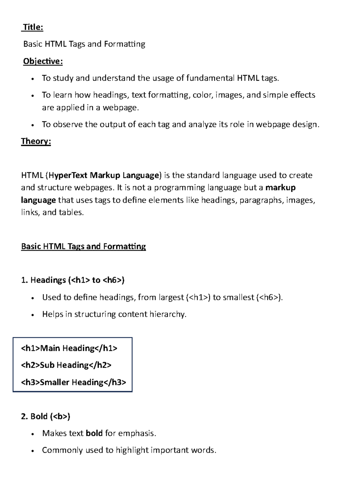 HTML Lab 1: Understanding Basic Tags & Formatting Techniques - Studocu