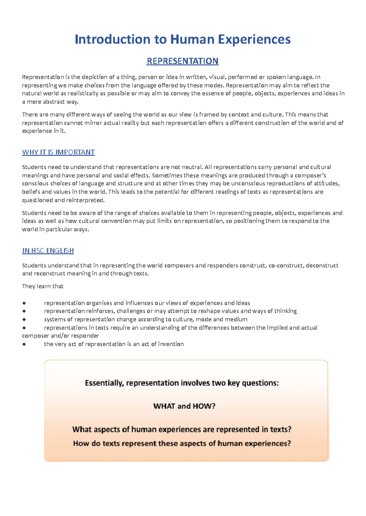 HSC English: Exploring Human Experiences & Representation - Studocu