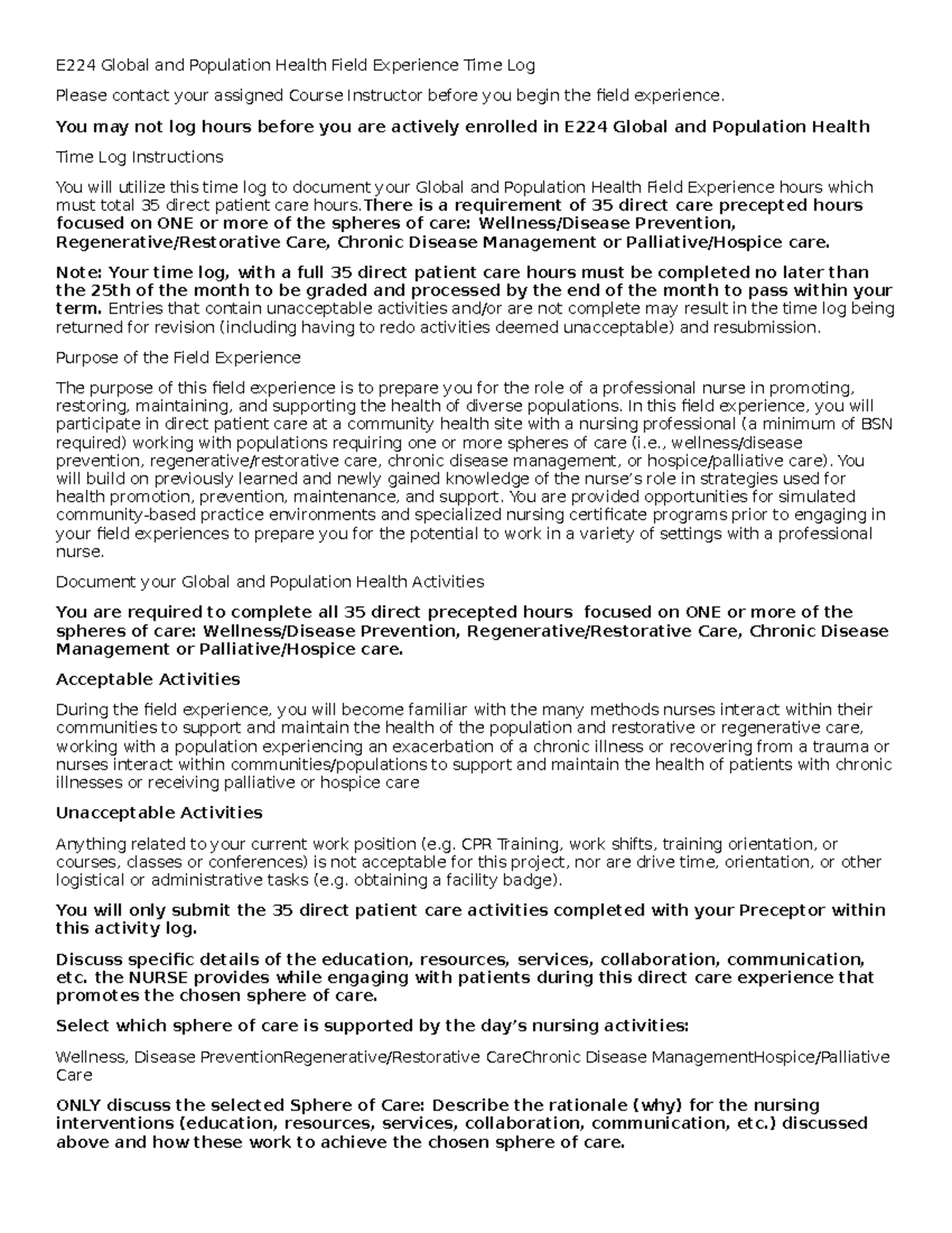 E224 Global & Population Health Field Experience Log - Studocu