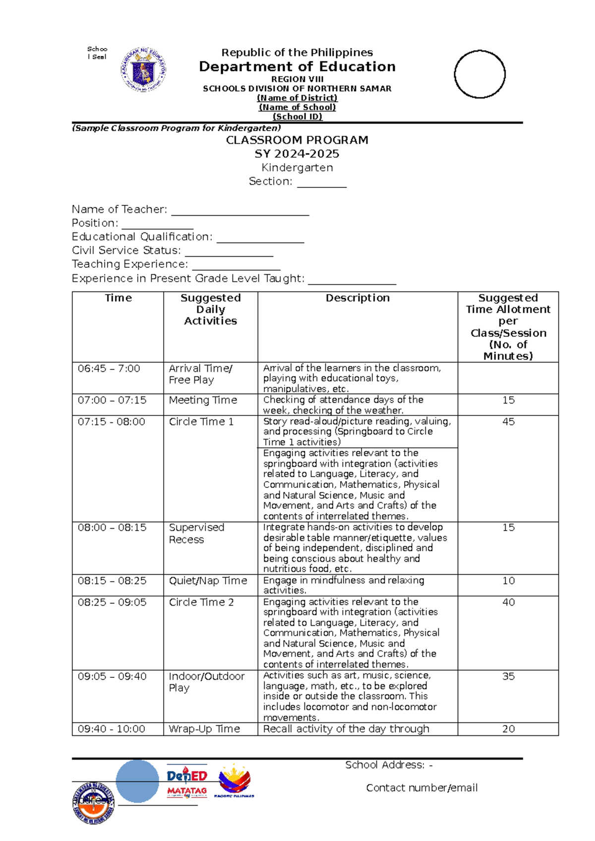 Sample Classroom Program for Kindergarten - Schoo l Seal Republic of ...