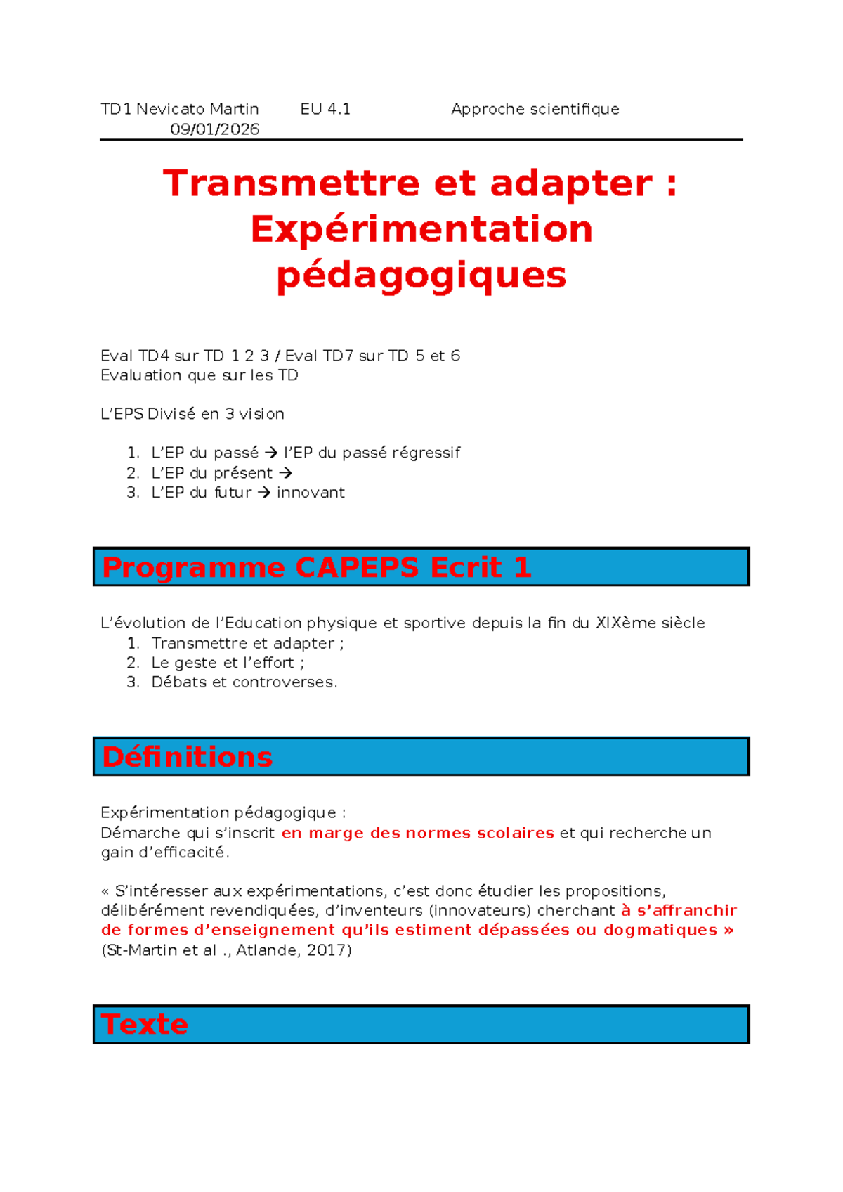 TD1 Approche Scientifique sur l'Expérimentation Pédagogique en EPS ...