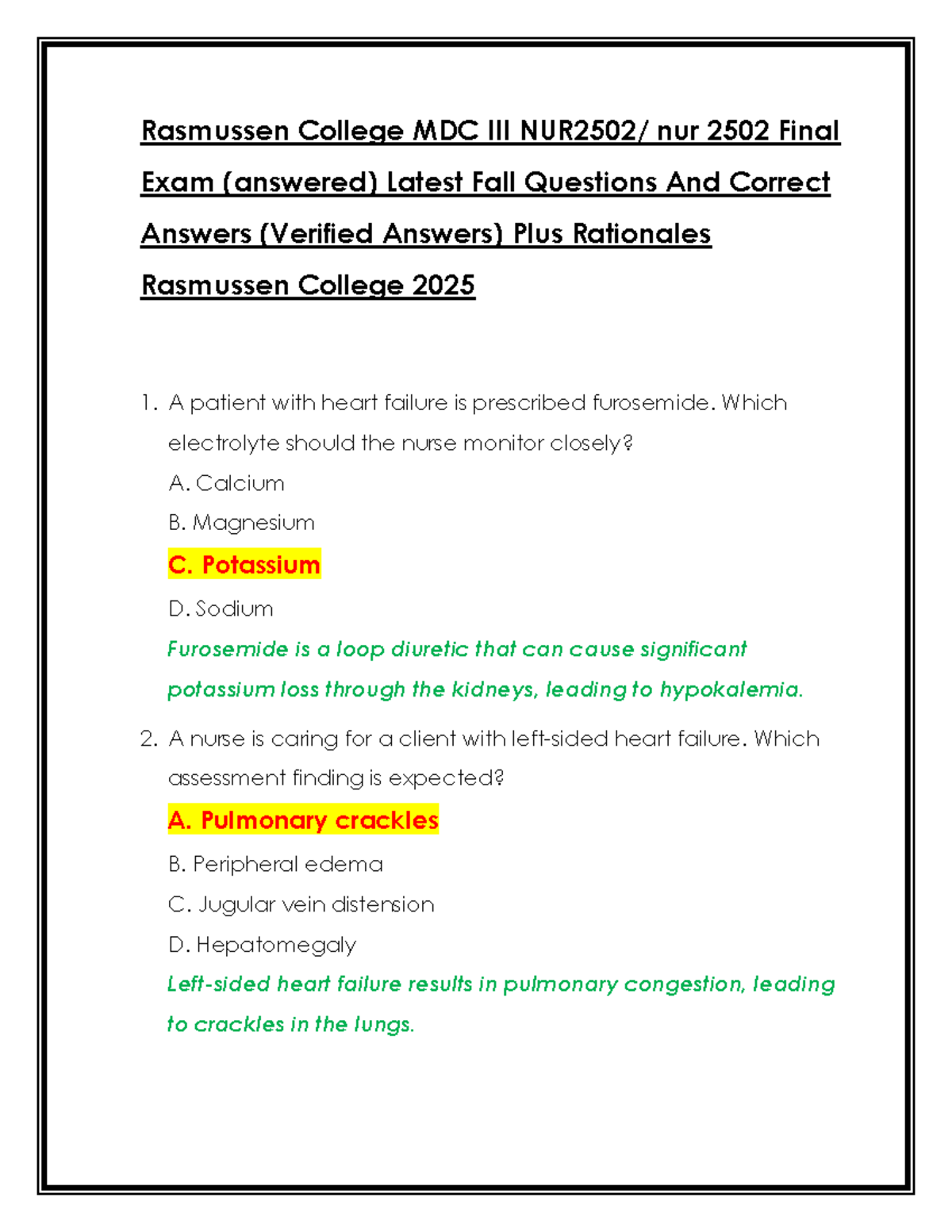 Rasmussen College MDC NUR 2502 Final Exam Study Guide: Key Questions ...
