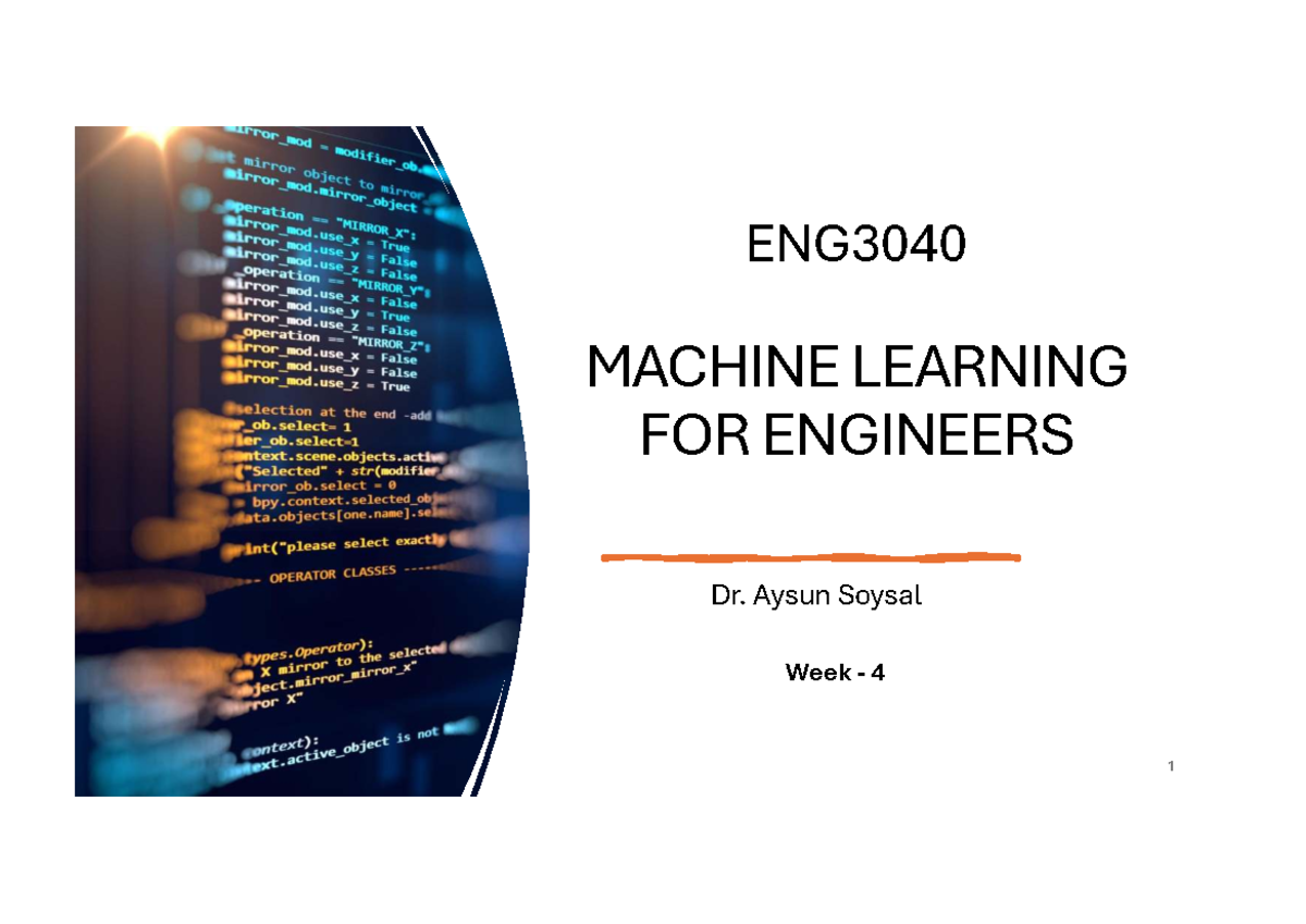ENG3040 Machine Learning for Engineers: Week 4 Lecture Notes - Studocu
