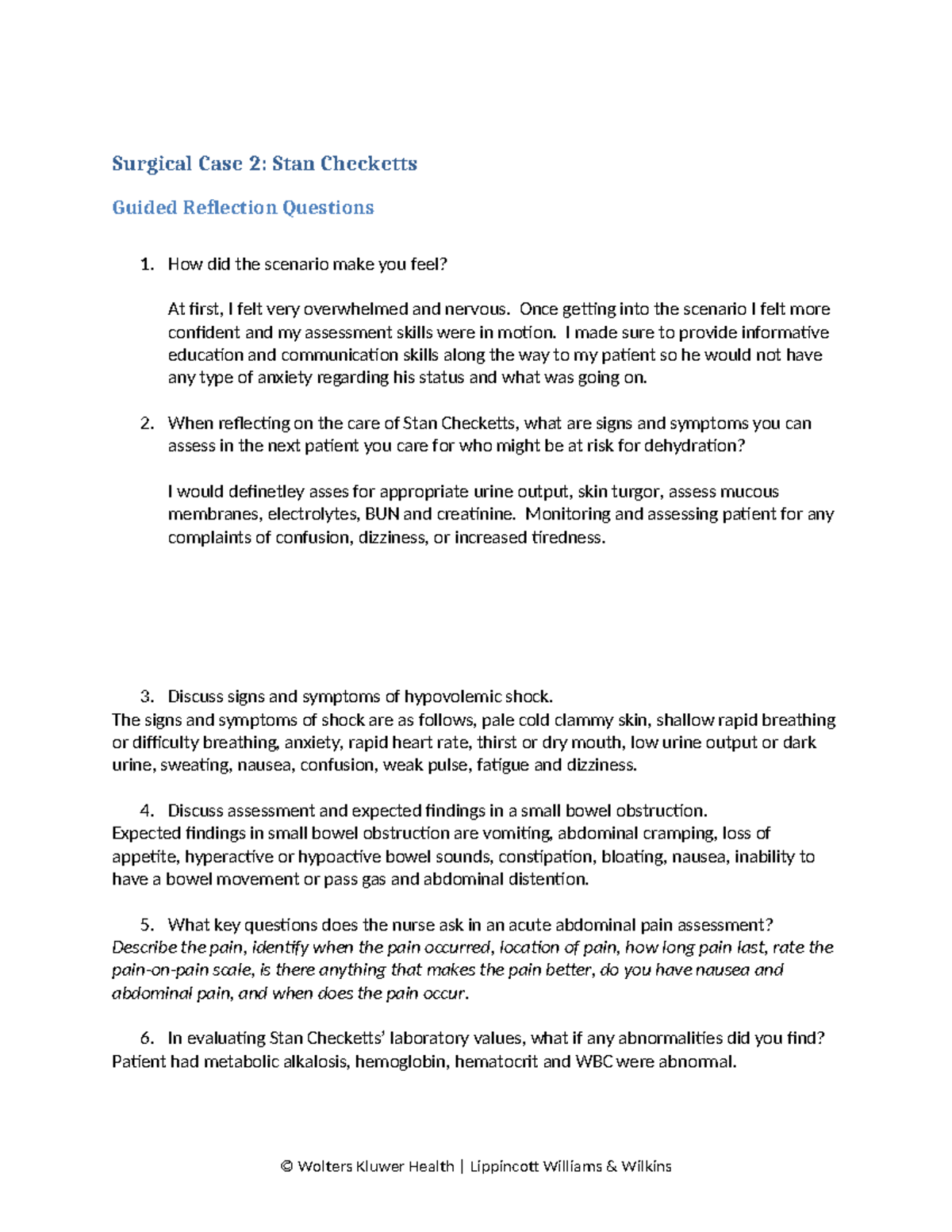 Surgical Case Study: STAN Checketts - Reflection & Assessment Notes ...