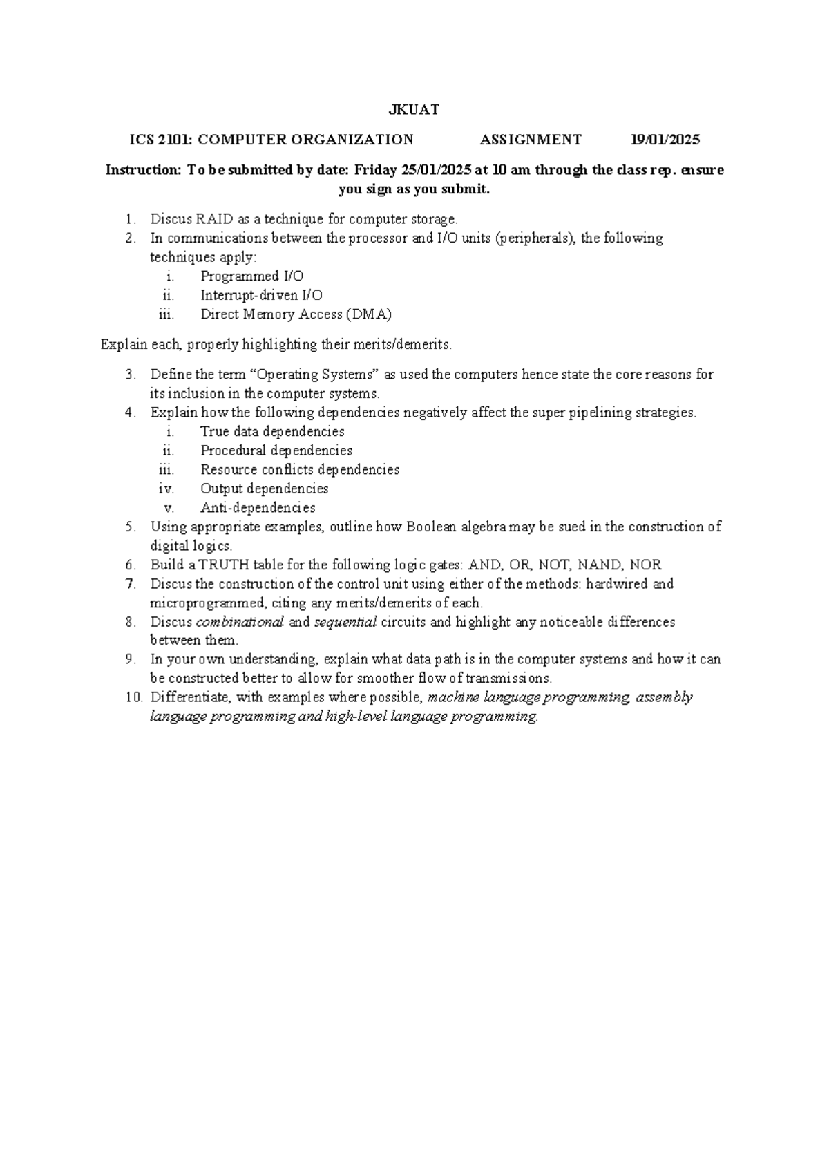 JKUAT ICS 2101: Computer Organization Assignment January 2025 - Studocu
