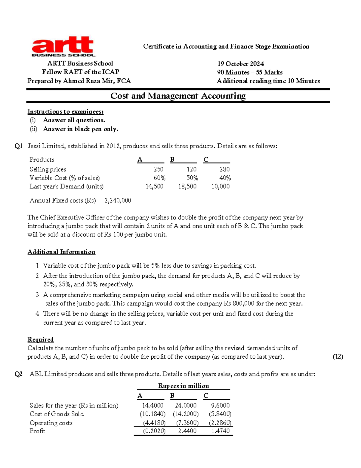 Mock 2 CMA - Movk: Cost Management & Profit Calculation Insights - Studocu